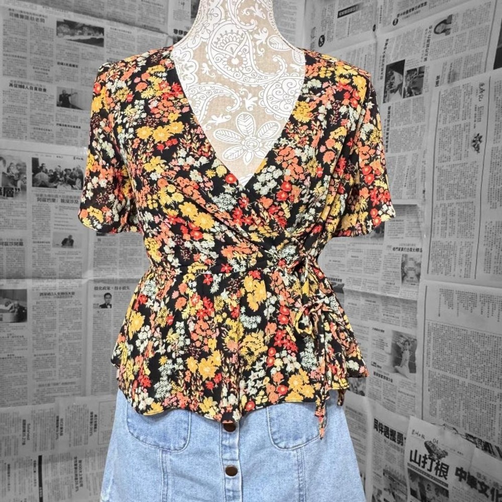 Madewell Black Floral Wrap Blouse Women's XXS Tie Waist Peplum Cottagecore Top
